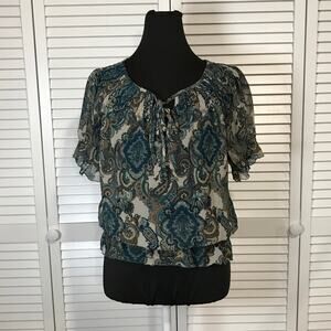 a.n.a. A New Approach Boho Blue Paisley Ruffle Semi Sheer Blouse M